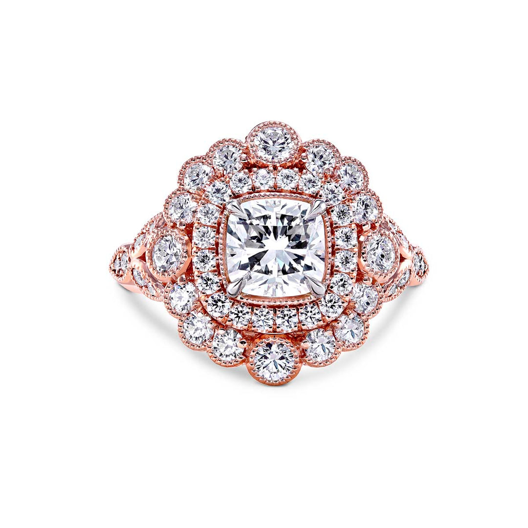 14k Rose Gold - 1.30ct Cushion Cut Vintage Diamond Halo Ring