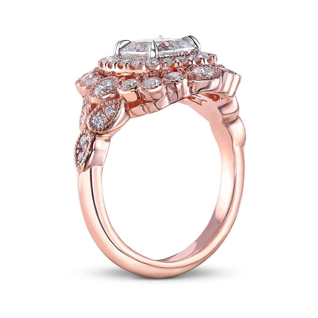 14k Rose Gold - 1.30ct Cushion Cut Vintage Diamond Halo Ring