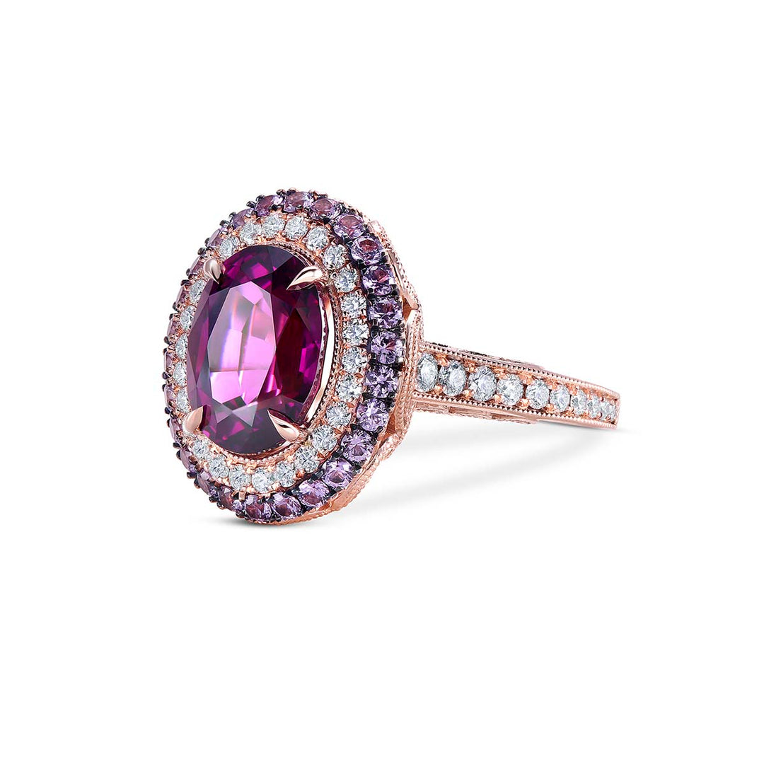 14k Rose Gold - 4.78ct Garnet with Diamond & Sapphire Halo Ring