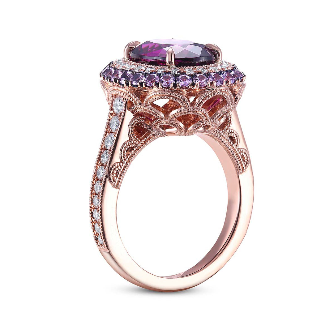 14k Rose Gold - 4.78ct Garnet with Diamond & Sapphire Halo Ring