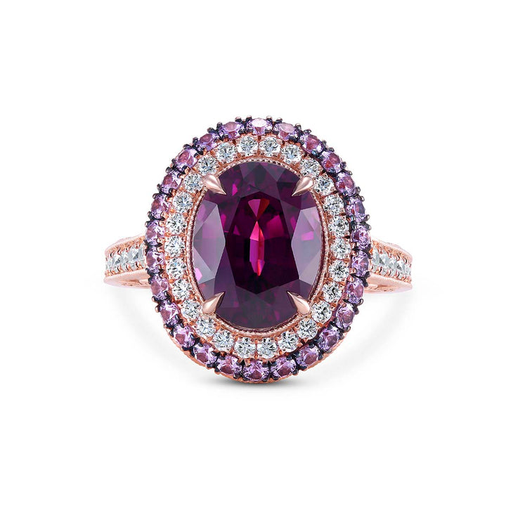 14k Rose Gold - 4.78ct Garnet with Diamond & Sapphire Halo Ring