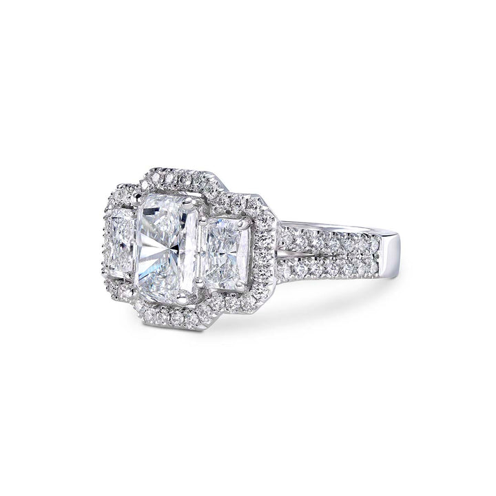 18k White Gold - Radiant Cut, 3 Stone Halo Diamond Engagement Ring Setting