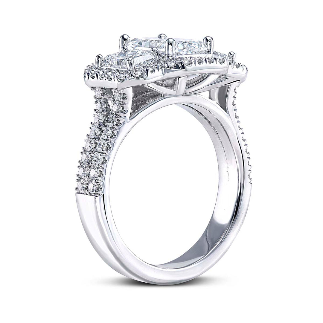 18k White Gold - Radiant Cut, 3 Stone Halo Diamond Engagement Ring Setting