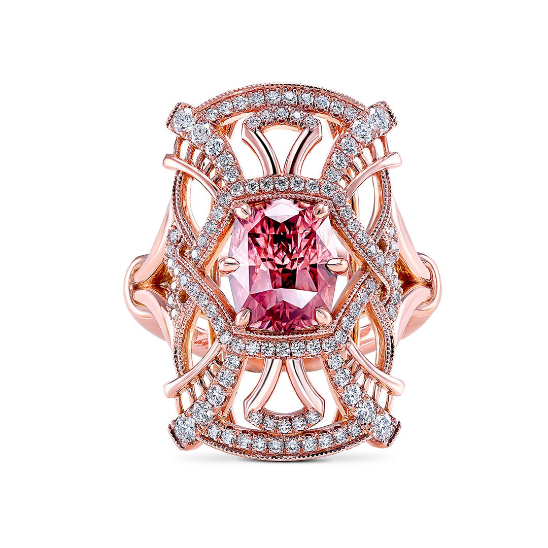 14k Rose Gold - 5.11ct Elongated Cushion Cut Raspberry Zircon Ring