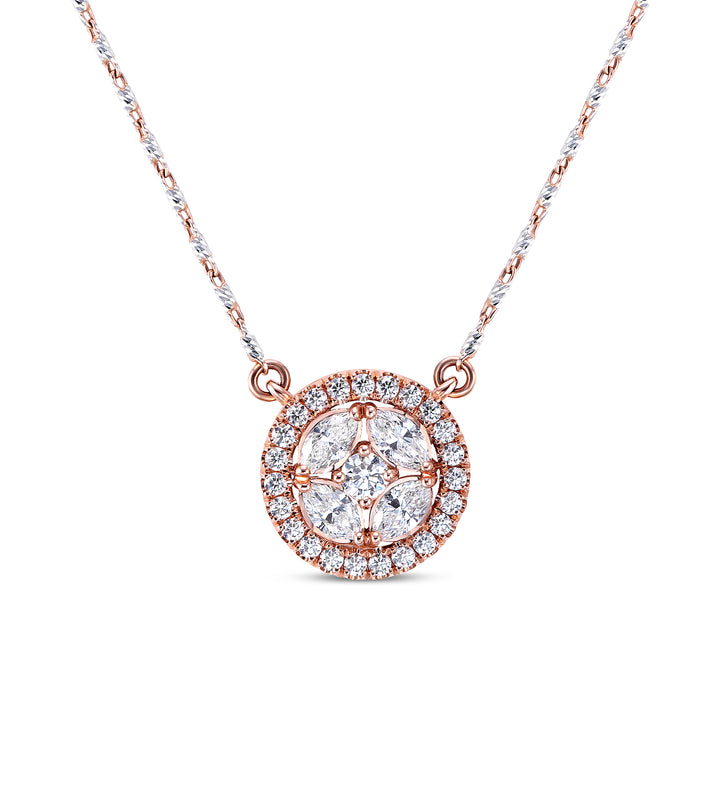 14k Rose Gold - Marquise and Round Diamond Halo Pendant