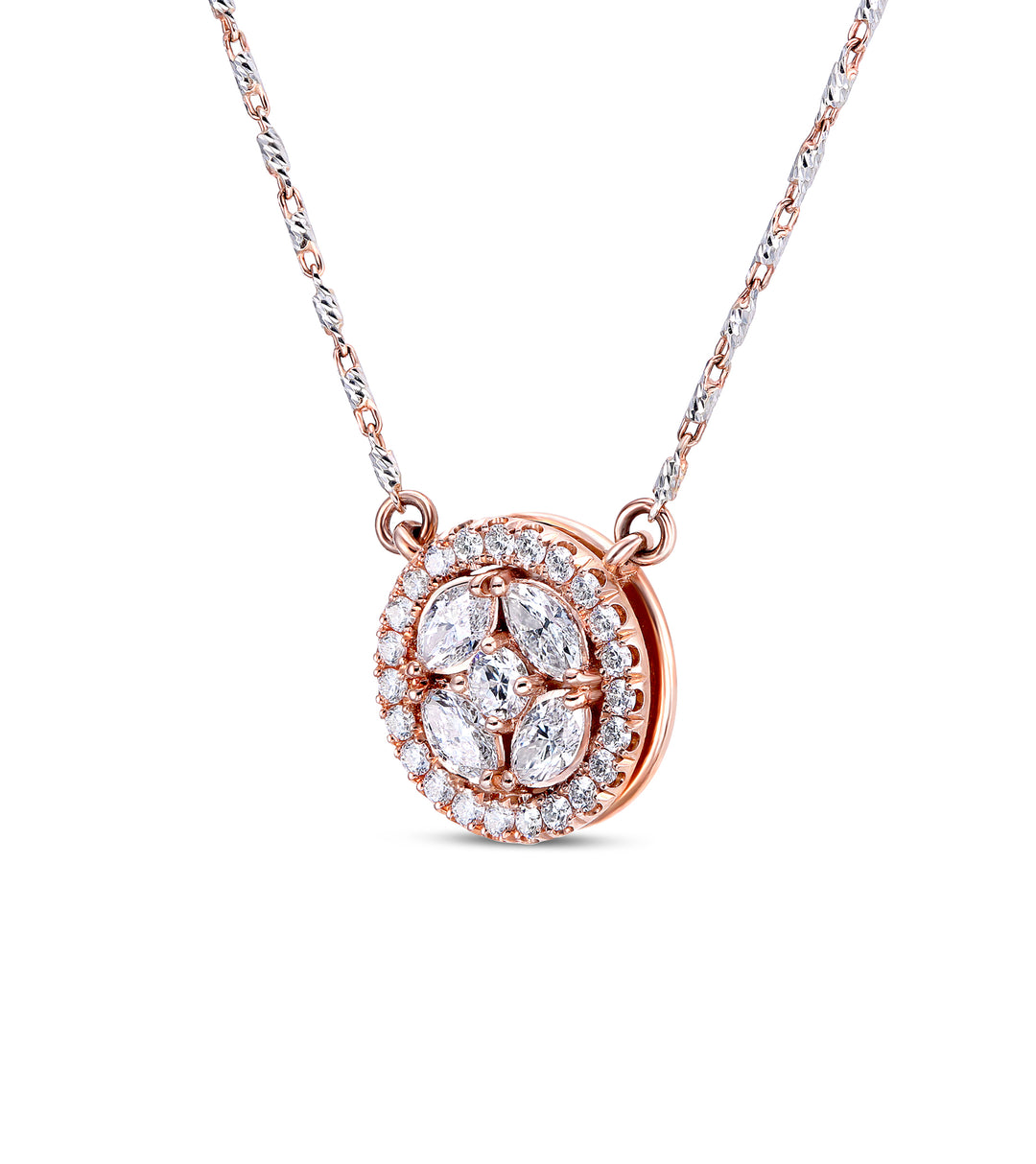 14k Rose Gold - Marquise and Round Diamond Halo Pendant