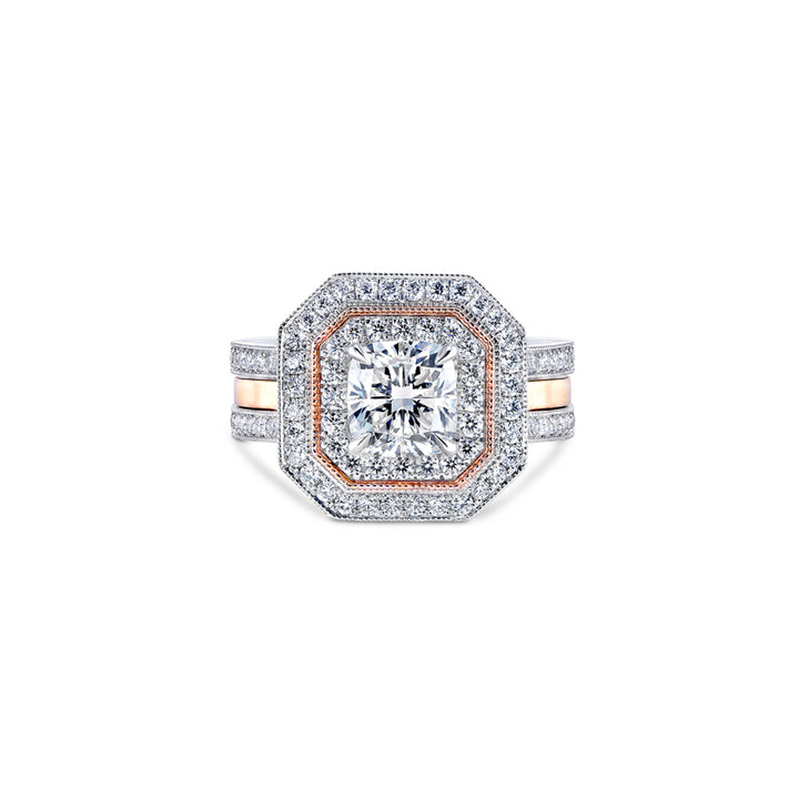 18k White and Yellow Gold - Double Halo Diamond Engagement Pocket Band Setting