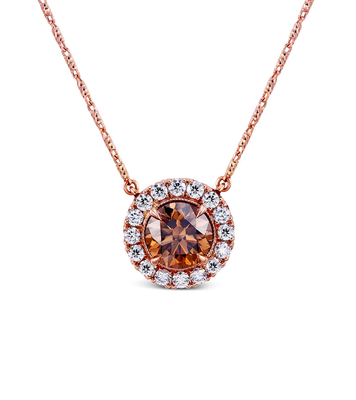 14k Rose Gold - 1.45ctw Orange / Brown Diamond Halo Pendant