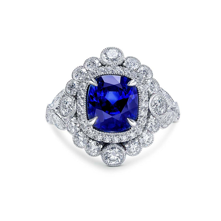 18k White Gold - 4.01ctw Blue Sapphire Vintage Diamond Ring