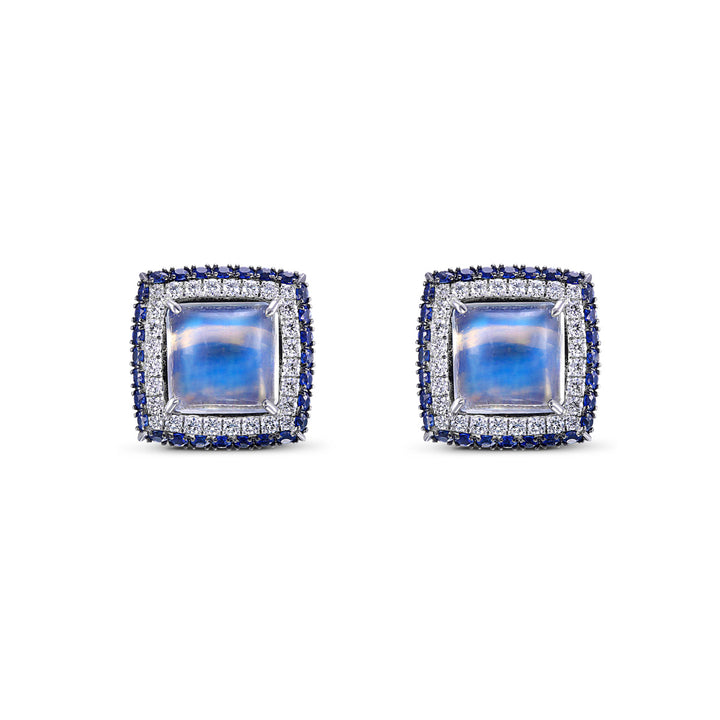 14k White Gold - Blue Moon Stone, Diamond and Sapphire Halo Earrings