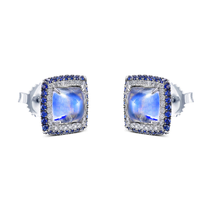 14k White Gold - Blue Moon Stone, Diamond and Sapphire Halo Earrings