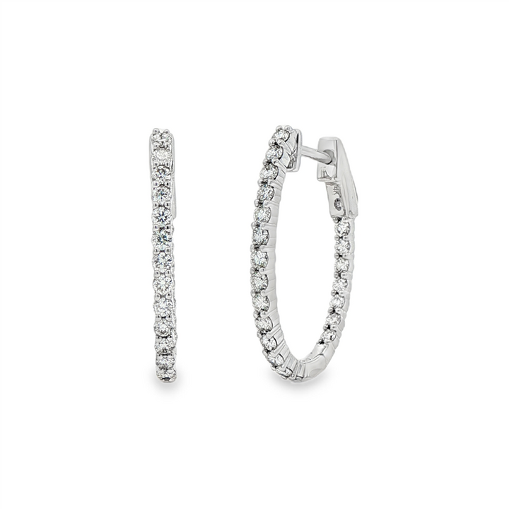 14K White Gold 24x1.9mm Oval Natural Diamond Hoop Earrings – 0.99ctw