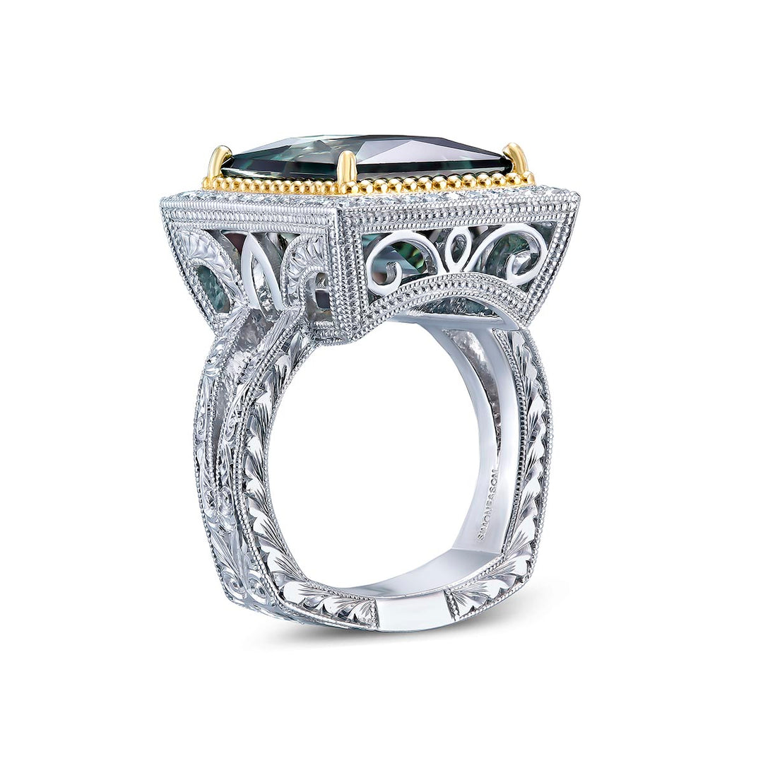 14K White Gold + 18K  Yellow Gold Ring- Featuring a 9.65ctw Green Tourmaline & .44ctw Diamonds