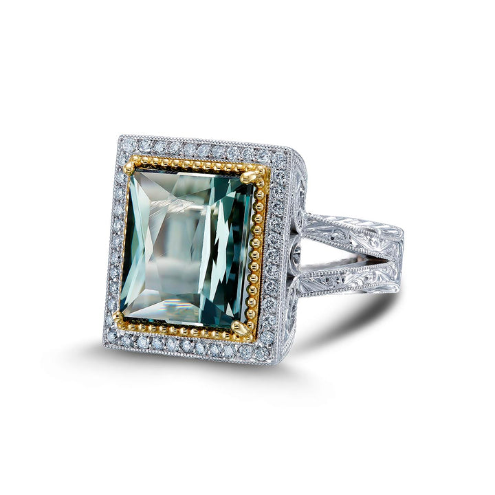 14K White Gold + 18K  Yellow Gold Ring- Featuring a 9.65ctw Green Tourmaline & .44ctw Diamonds