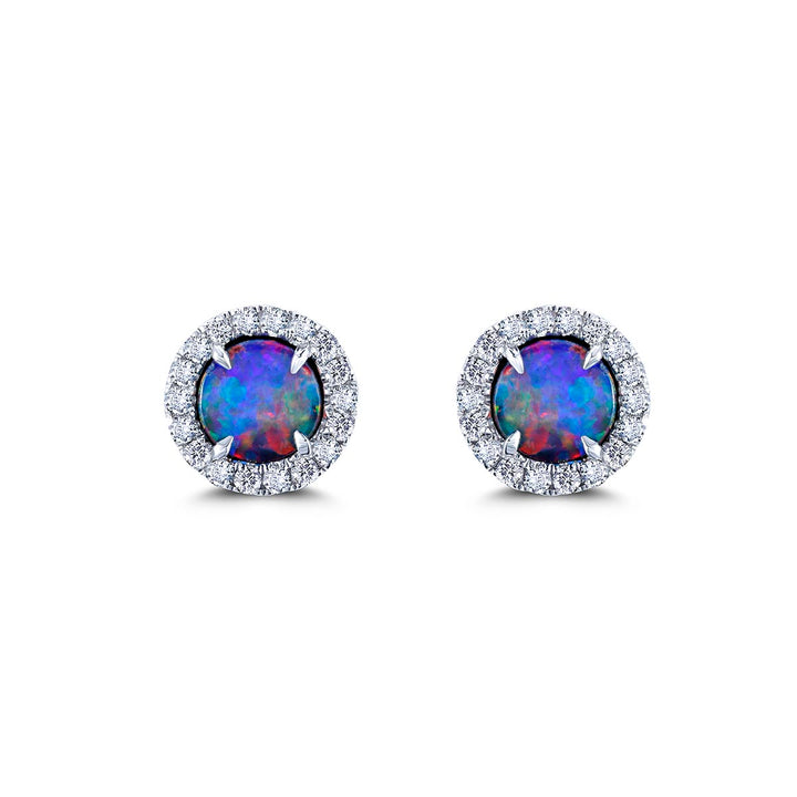 14k White Gold - Doublet Opal - Diamond Halo Stud Earrings