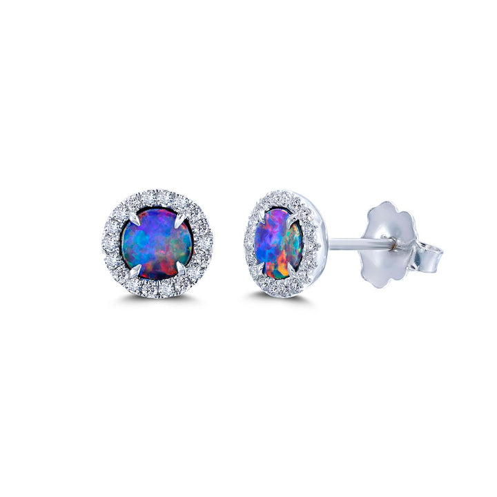 14k White Gold - Doublet Opal - Diamond Halo Stud Earrings