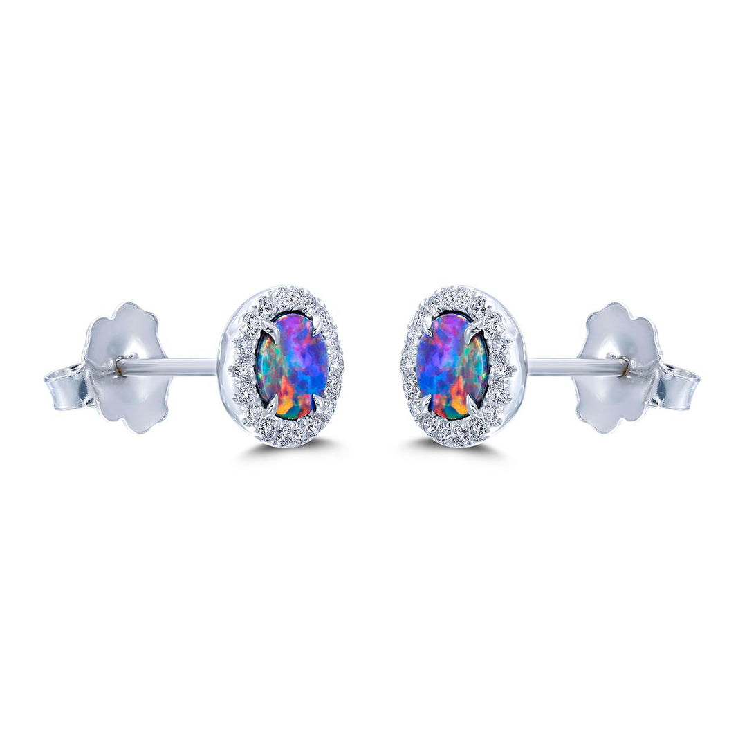 14k White Gold - Doublet Opal - Diamond Halo Stud Earrings