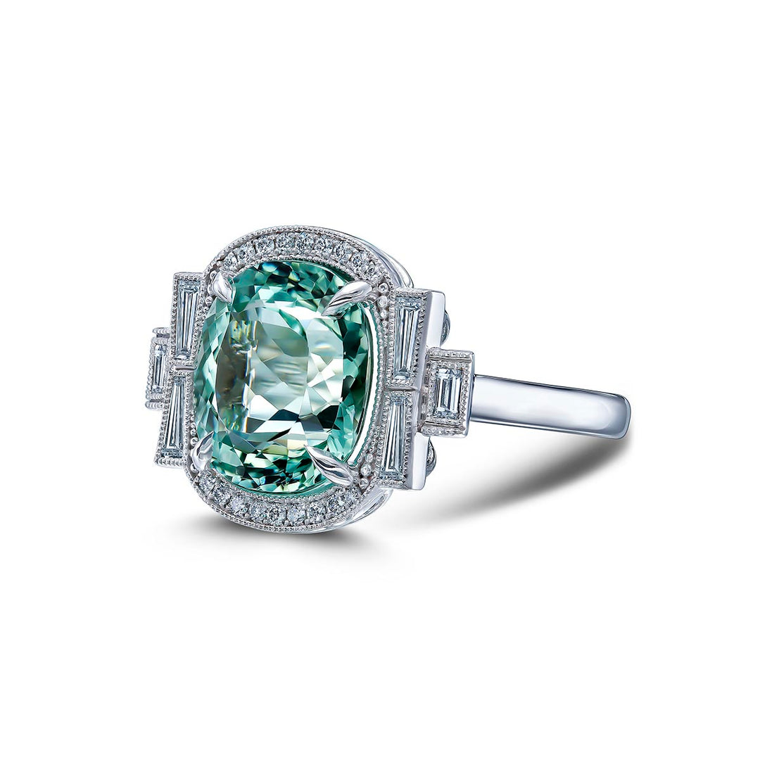 18k White Gold Ring - Featuring a 7.22ctw Mint Tourmaline and .50ctw Diamonds