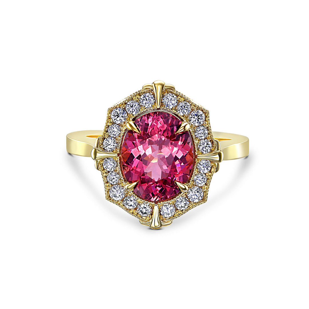 18k Yellow Gold Ring - Featuring a 3.35ct Garnet & Diamond Halo