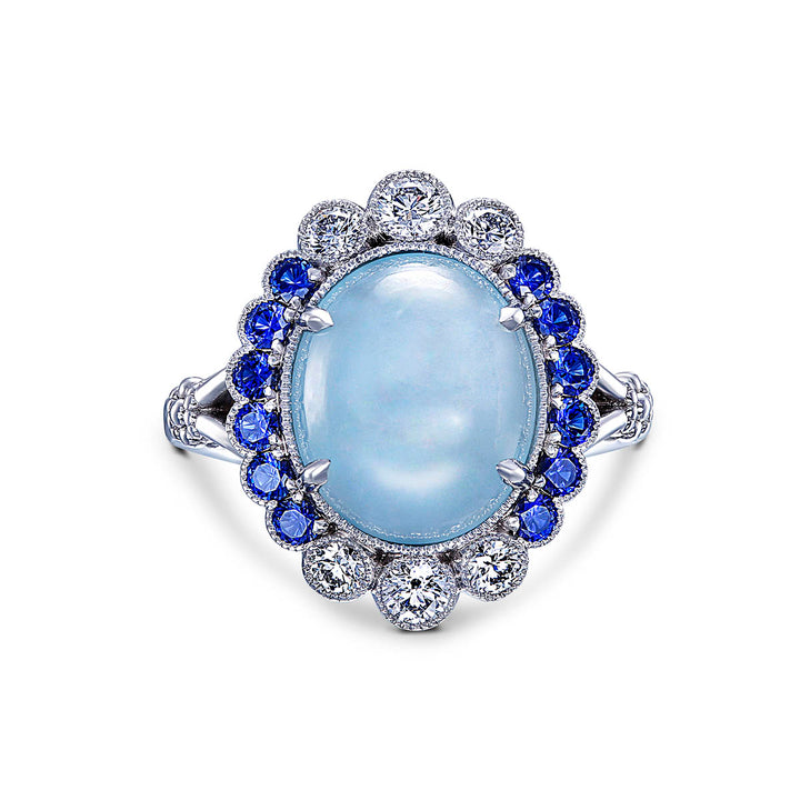 14k White Gold Ring - Featuring a 4.78ct Aquamarine With A Diamond And Sapphire Halo