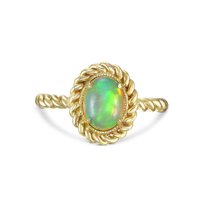 14k Yellow Gold - .70ctw Opal With Twist Halo Ring