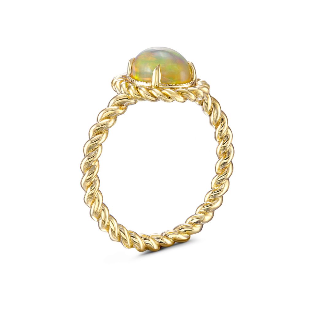 14k Yellow Gold - .70ctw Opal With Twist Halo Ring