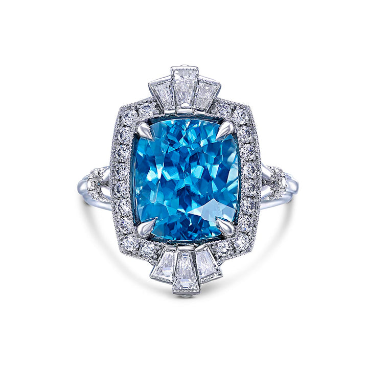 18k White Gold Ring - Featuring a 7.29ctw Blue Zircon With A Diamond Halo