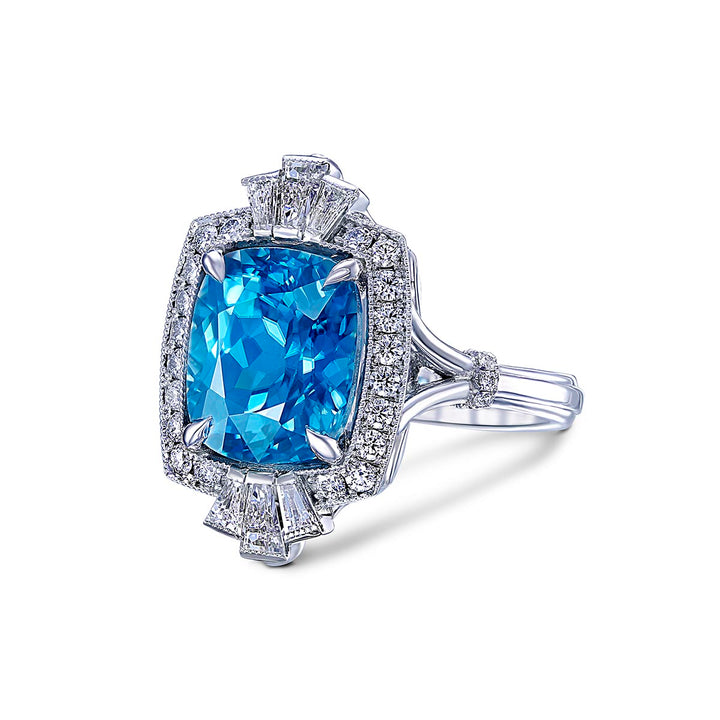 18k White Gold Ring - Featuring a 7.29ctw Blue Zircon With A Diamond Halo