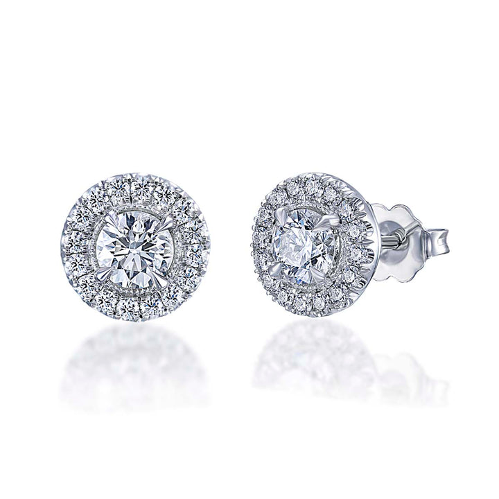 18k White Gold - Classic Diamond Halo Stud Earrings With Milgrain