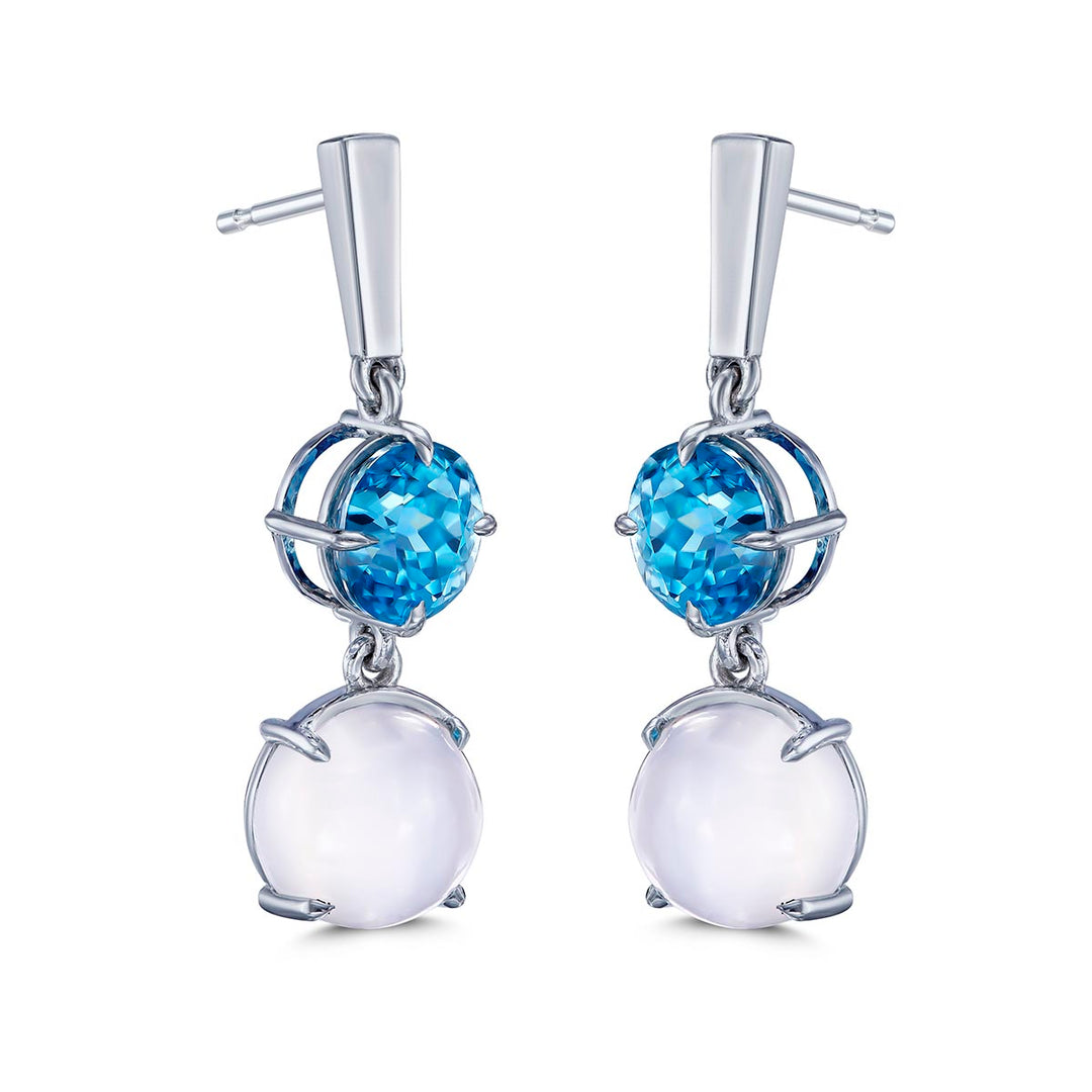 14k White Gold Earrings - Featuring 10.48ctw Blue Zircon & 12.84ctw Moon Stone