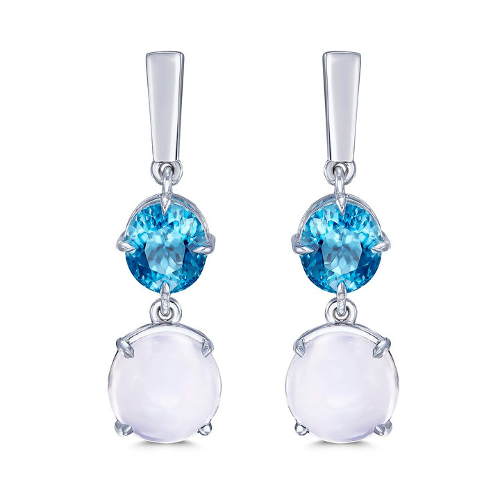 14k White Gold Earrings - Featuring 10.48ctw Blue Zircon & 12.84ctw Moon Stone