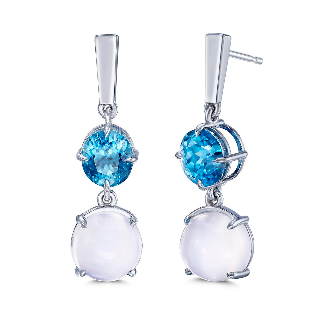 14k White Gold Earrings - Featuring 10.48ctw Blue Zircon & 12.84ctw Moon Stone