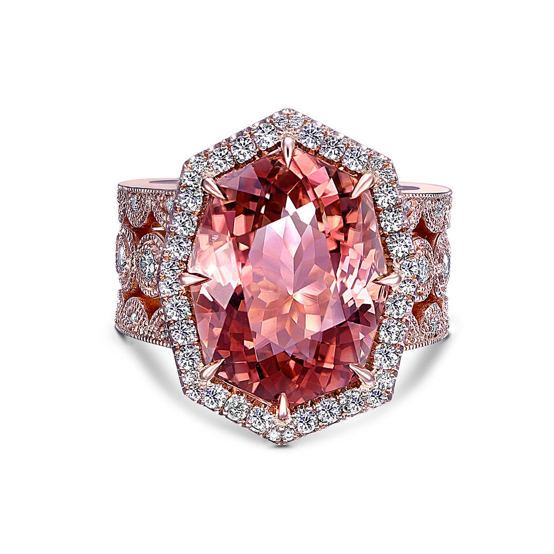 14k Rose Gold - 11.59ct Pink Tourmaline, Diamond Halo Ring