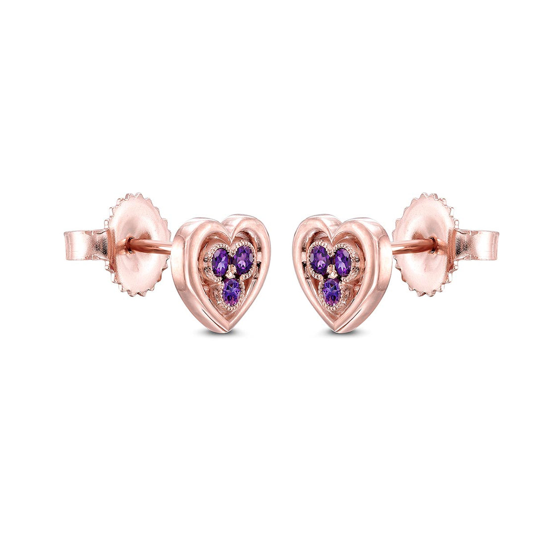 14k Rose Gold - .24ctw Amethyst - Heart Stud Earrings