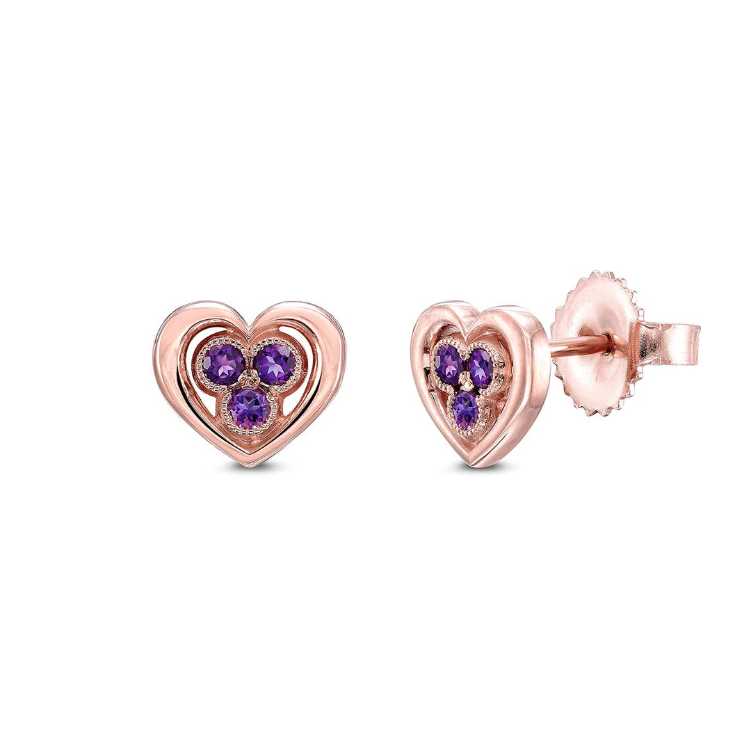 14k Rose Gold - .24ctw Amethyst - Heart Stud Earrings