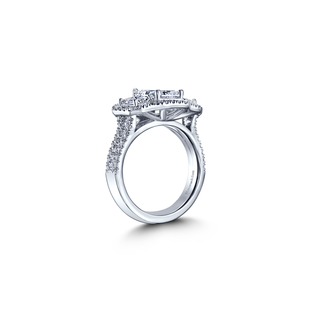 18K White Gold – Radiant Cut, 3 Stone Halo Diamond Engagement Ring Setting