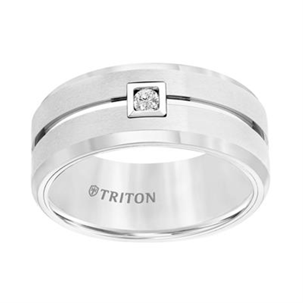 White Tungsten Carbide Flat Comfort Fit Band with Horizontal Brush Finish, Bright Polished Recessed Center Groove, Bevel Edge, and Single Round Diamond in Square Bezel – 9mm