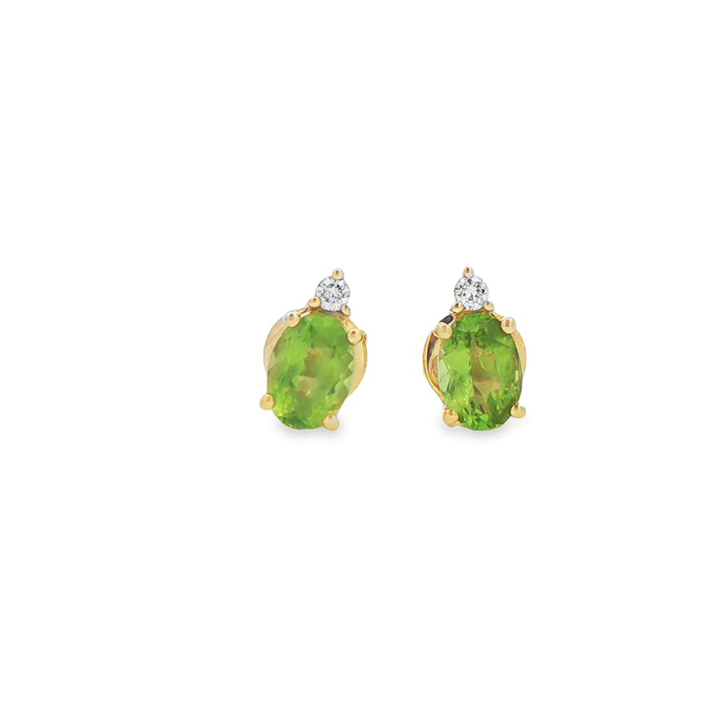 14K Yellow Gold 7x5mm Peridot Stud Earrings with Diamonds – 0.08ctw.