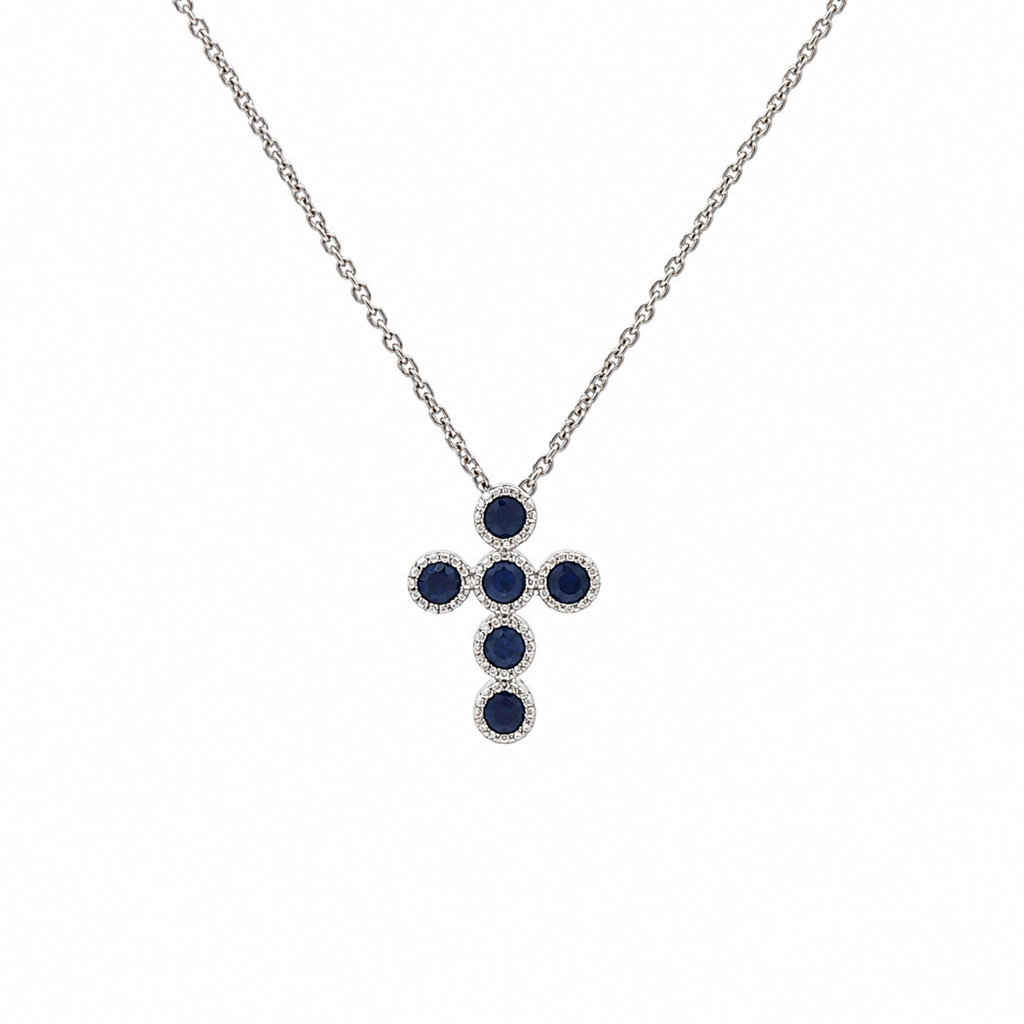 14K White Gold Natural Royal Blue Sapphire Cross Pendant