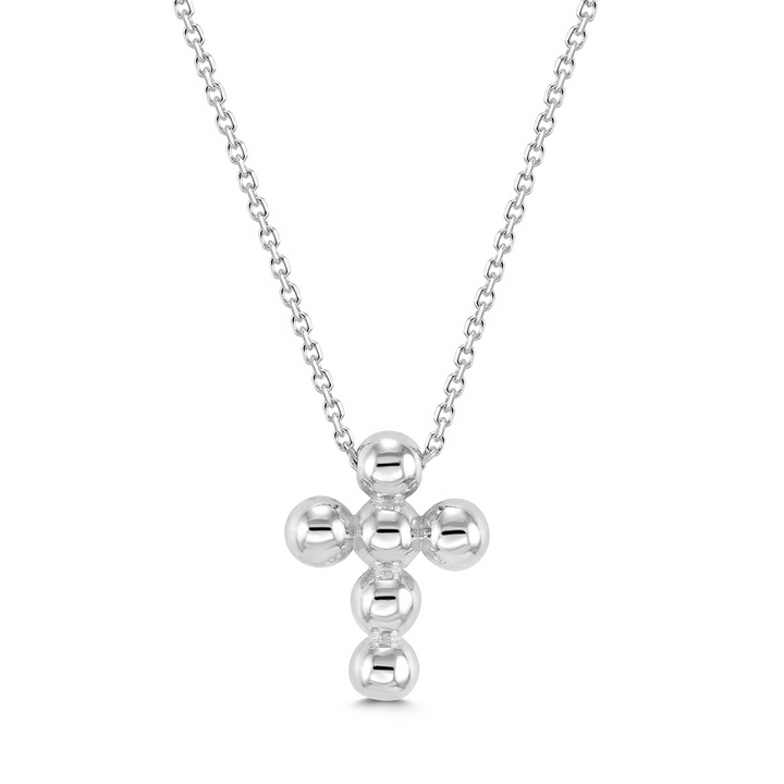 14K White Gold Beaded Cross Necklace