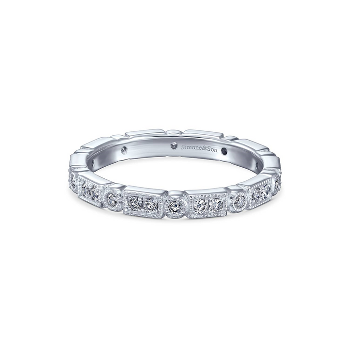 14K White Gold Rectangle and Round Diamond Milgrain Wedding Band - 0.36ctw.