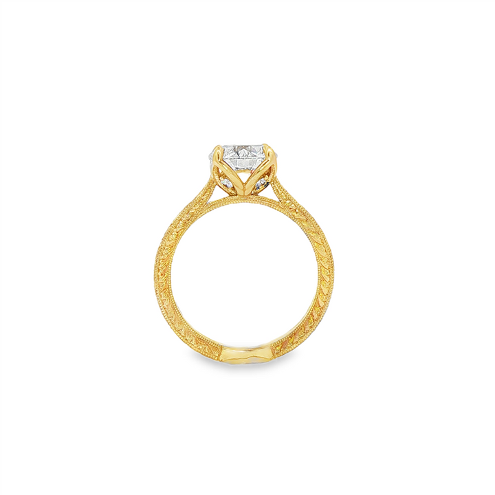 14K Yellow Gold Hand Engraved Tulip Design Diamond Engagement Ring – Semi-Mount | Size 6