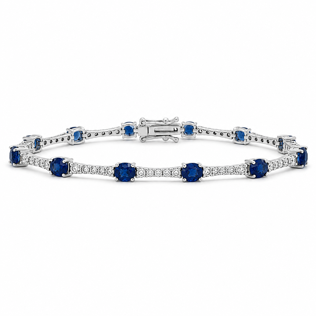 Platinum Natural Diamond & Royal Blue Sapphire Tennis Bracelet