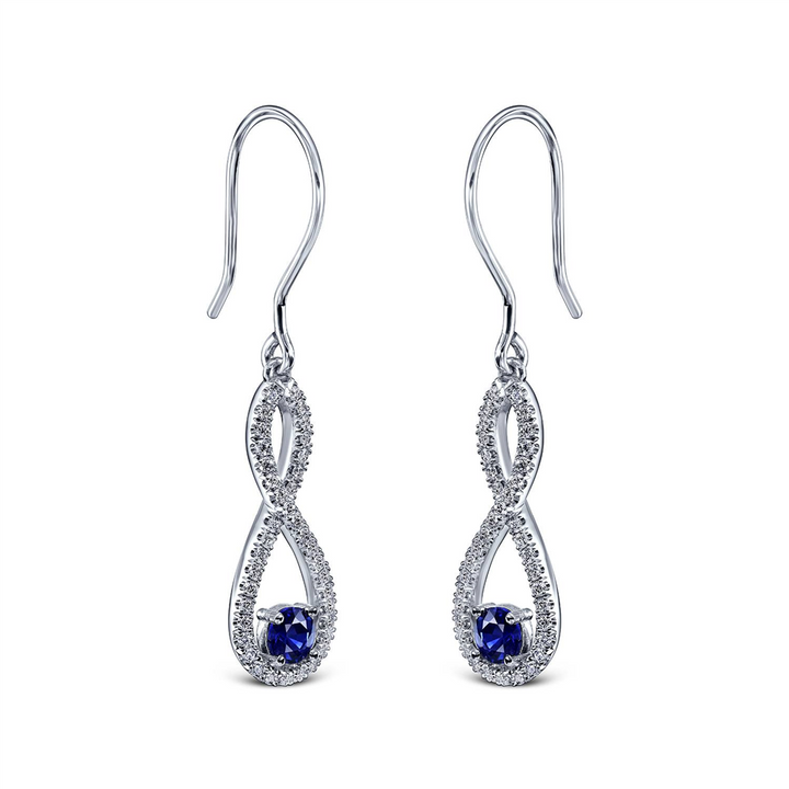 18K White Gold Infinity Design Dangling Earrings With Sapphires & Diamonds