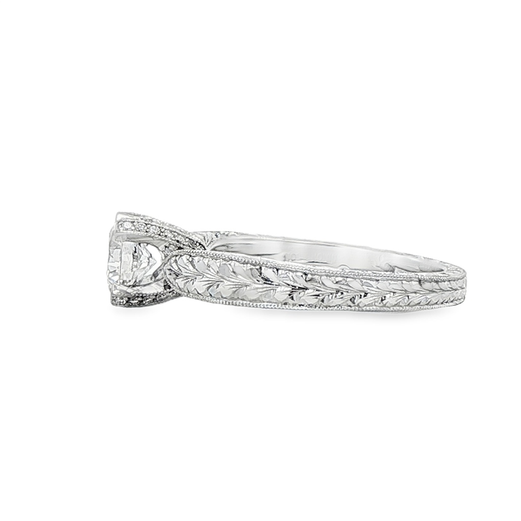 14K White Gold Solitaire Semi-Mount Ring with Hand Engraving – 0.13ctw.