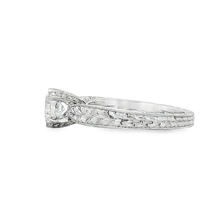 14K White Gold Solitaire Semi-Mount Ring with Hand Engraving – 0.13ctw.