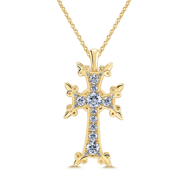 18K Yellow Gold Armenian Diamond Cross Pendant - 0.81ctw.