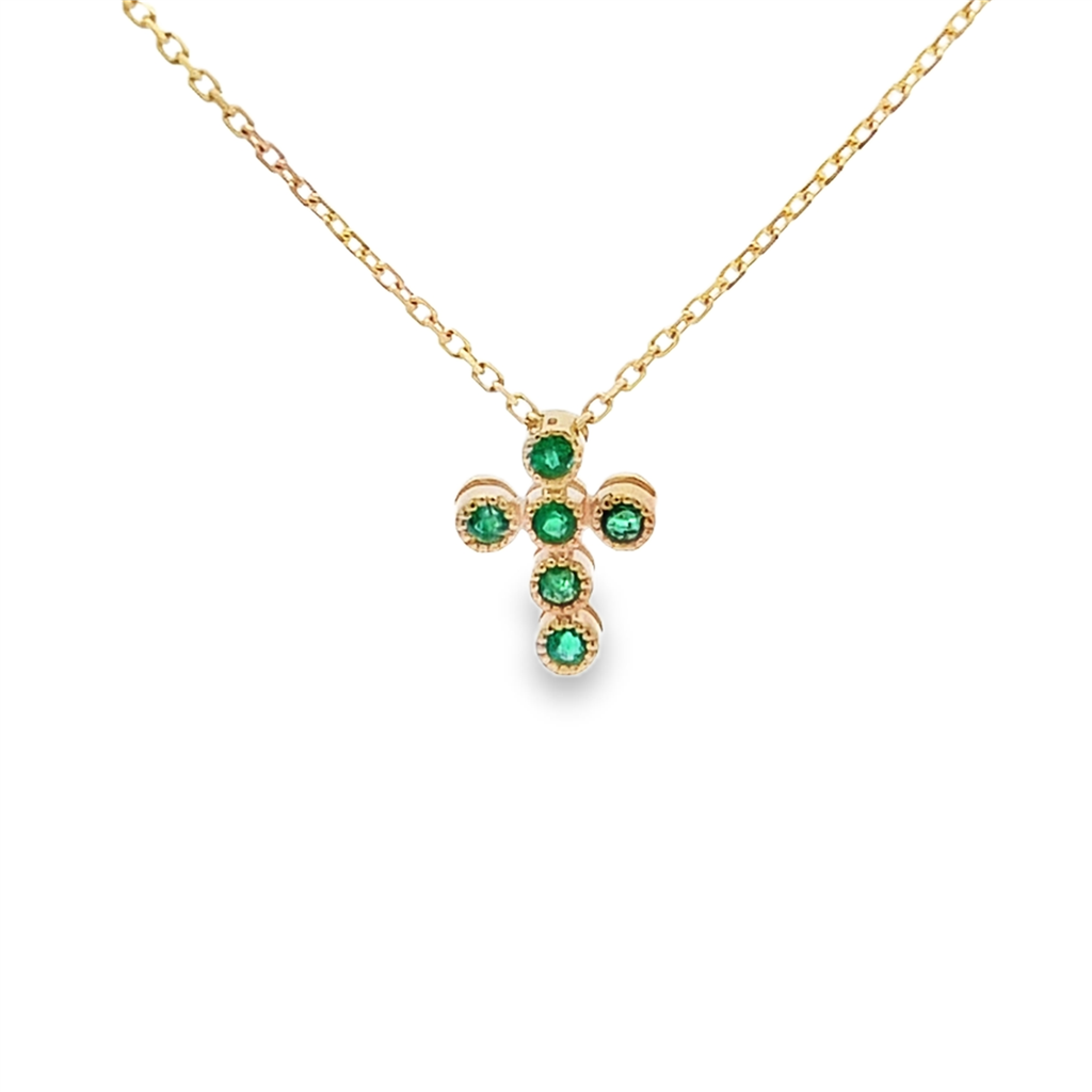 14K Yellow Gold Emerald Bezel Cross Necklace – 0.18ctw., 2.31g, 16–18"