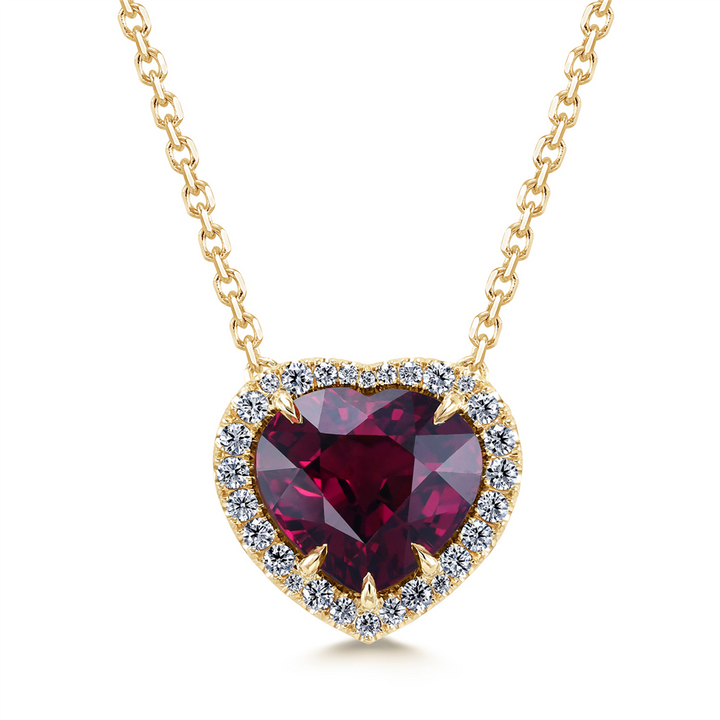 14K Yellow Gold Heart Shaped 6.52ct Garnet Diamond Halo Pendant