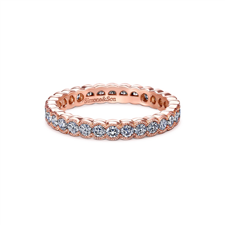 14K Rose Gold Diamond Semi-Bezel  Millegrain Wedding Band - 0.90ctw.